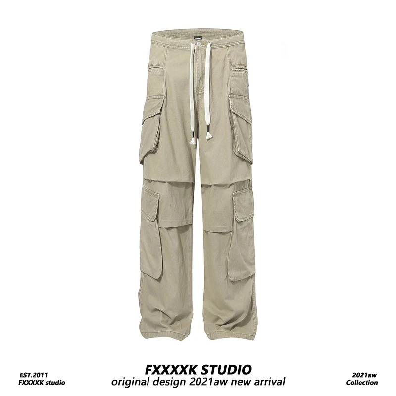 

FXK Original American Retro Casual Pants Men's Large ket Pleated Design Lightweight Workwear Long Trousers Youth Vitali ...