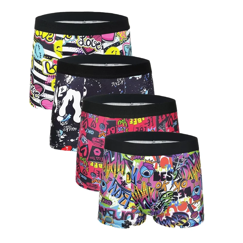 

Men's 4-Pack Graffiti Art Print Boxer Briefs Polyester Black Waistband Soft Comfort Underwear