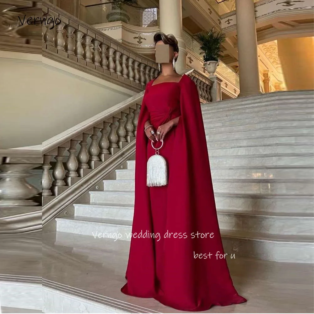 Verngo Simple Red Long Evening Dresses Saudi Arabic Women Party Formal Dress Squar Neck Prom Gowns Celebrity Dress Customized