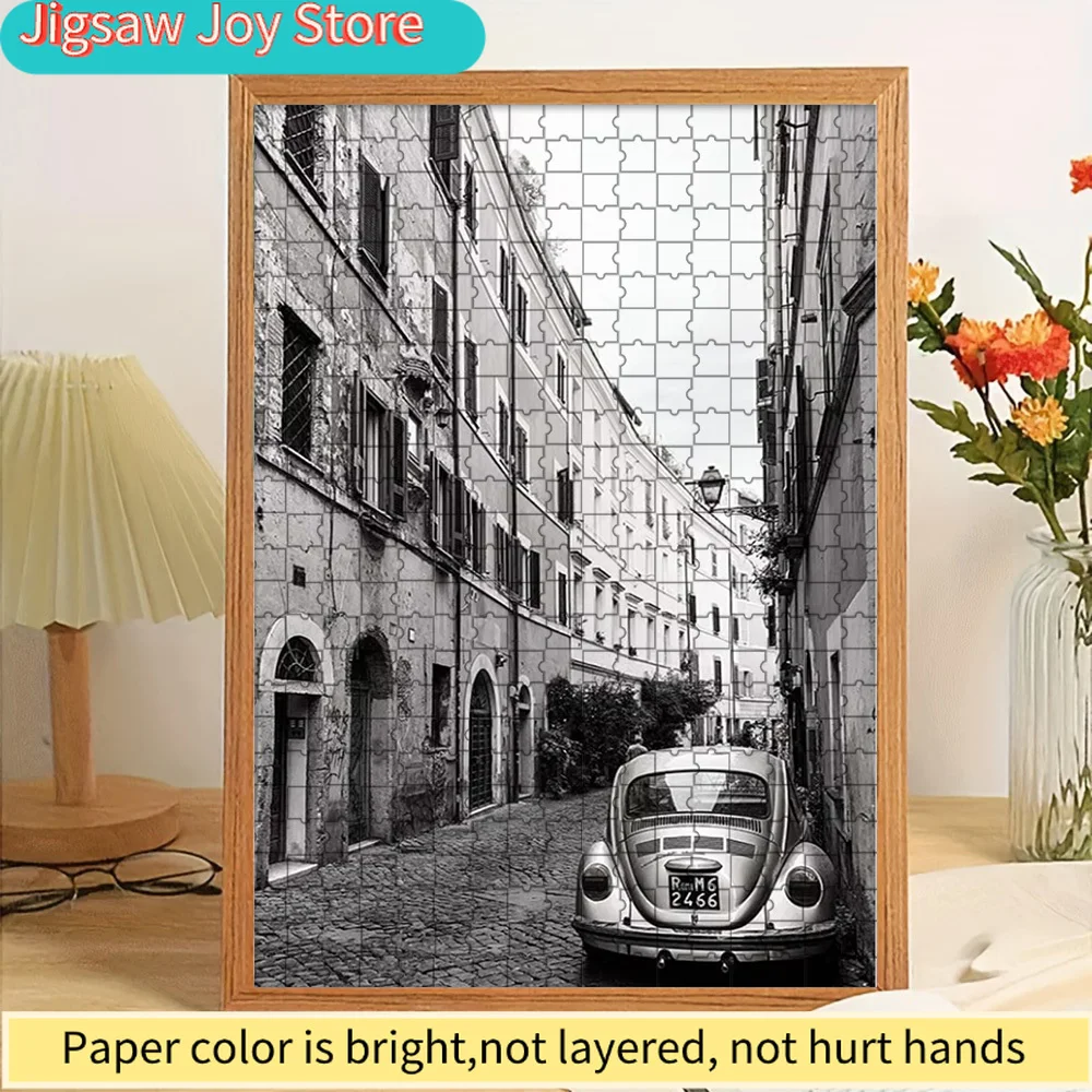 

Paper Jigsaw Puzzle Classic Volkswagen Beetle Monochrome Art Print Wall Decor Vintage European Car in Italian Cobblestone Alley