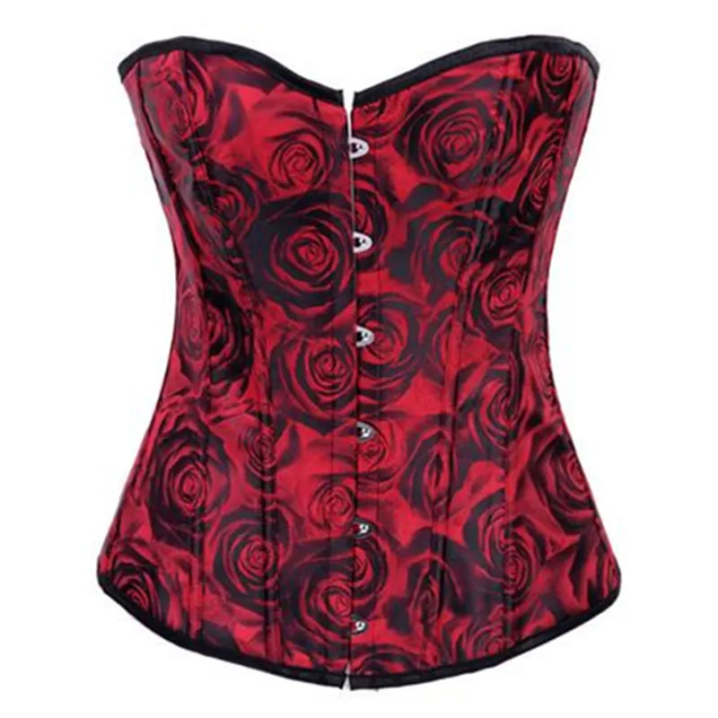 Red Rose Print Bones Sexy Bustier And Corset For Women Vintage Corset Gothic Lace Up Overbust Satin Body Shape Lingerie Corselet