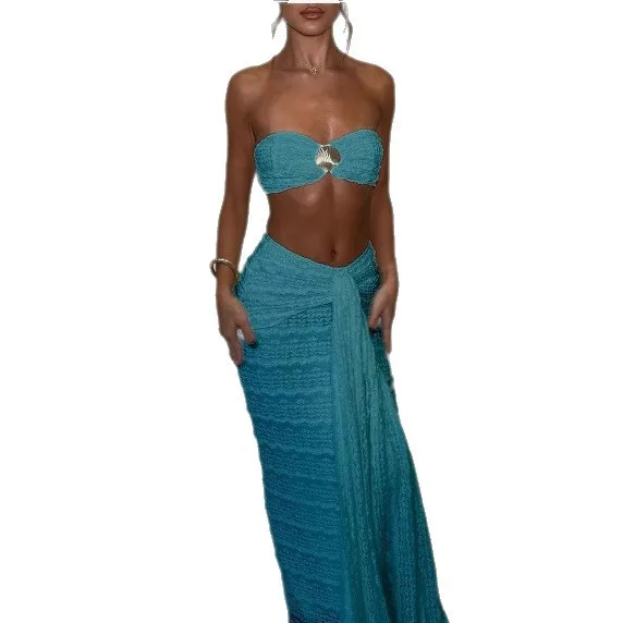 2026 Women's Lace Jacquard Vacation Beach Leisure Swimsuit Two Piece Set with Fungus Edge Sexy Wind Sleeveless Skirt Fashion