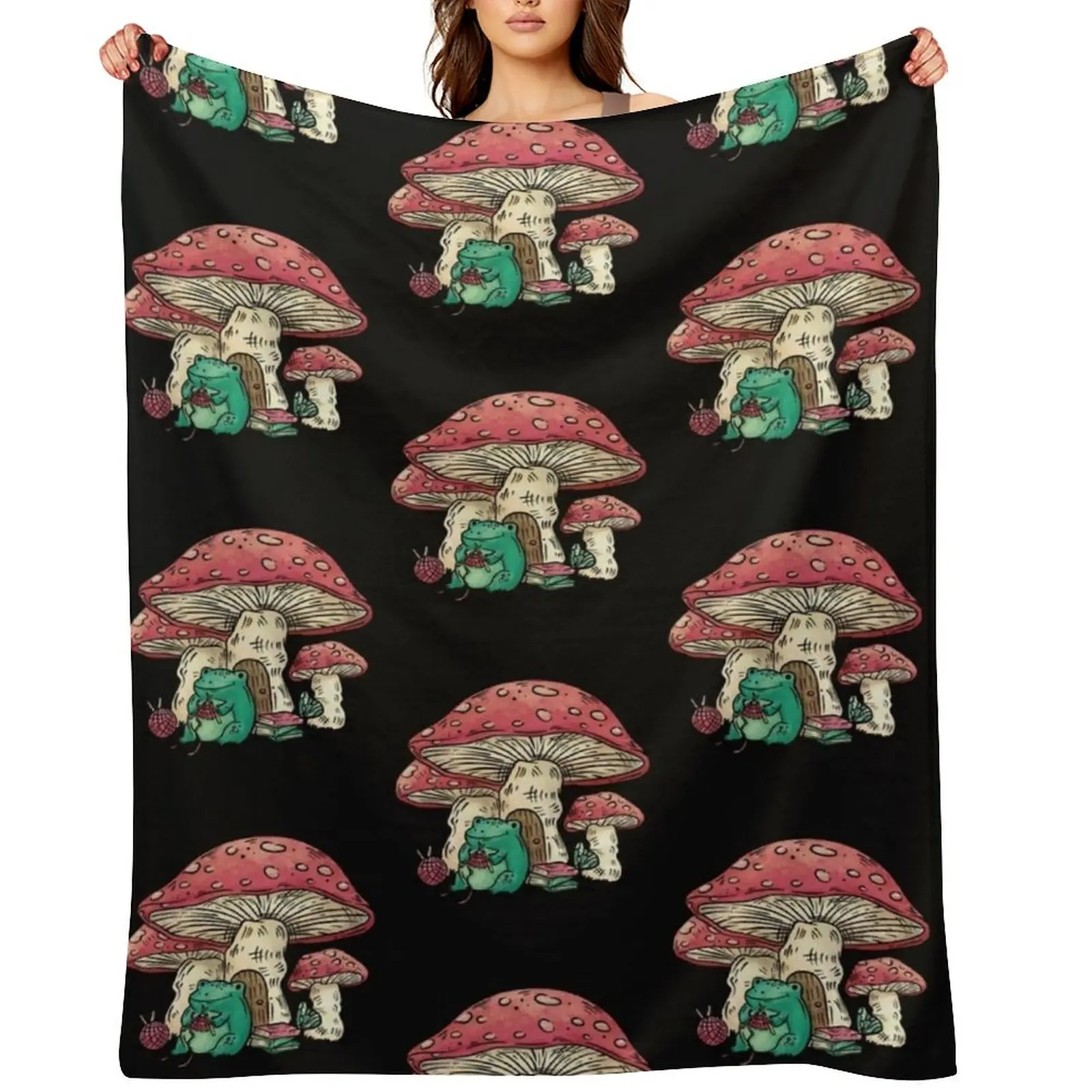 

Frog sitting under a mushroom knitting, Cottage Core frog and mushroom, Cute frog and mushroom, Gift for people wh Throw Blanket