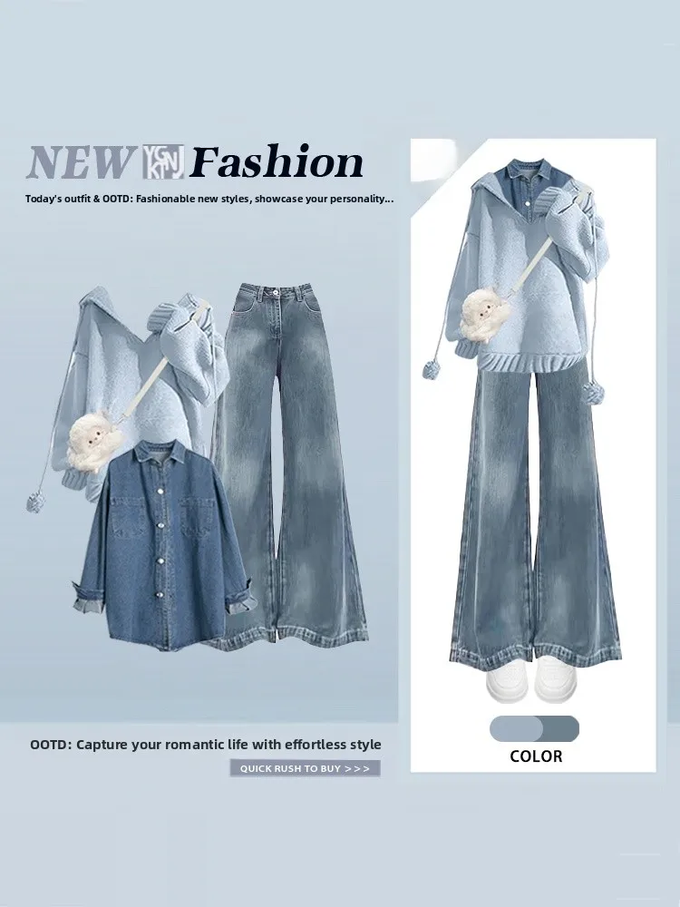 

Winter Casual Denim Set Women's Faion High-End Loose Hoodie irt Jeans Tee-Piece Ensemble Autumn Winter Seasonal Wear
