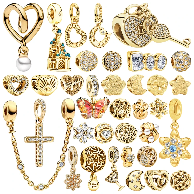 

Sparkling Golden Triple Clear Stone Safety Chain Cross Snowflake Heart Star Charm Beads Fit Original Bracelets DIY Jewelry Gifts