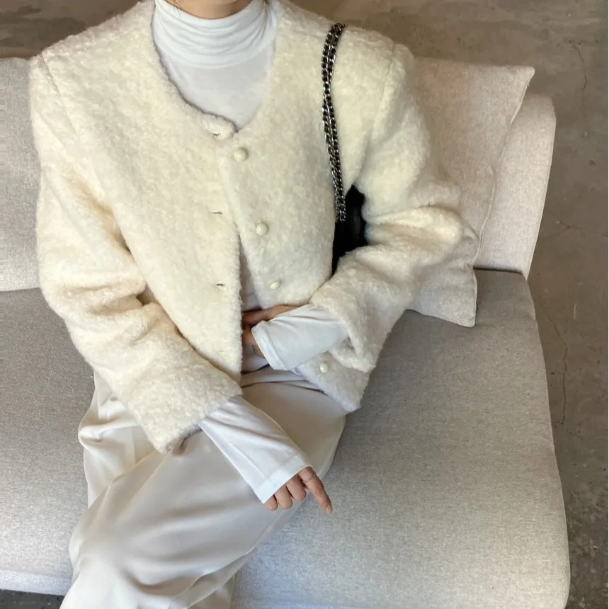 معطف صوفي للتنحيف بأسلوب كوري، تصميم دائري أنيق، أكمام طويلة، ياقة مستديرة، زر واحد، لون موحد، مناسب للعمل #3