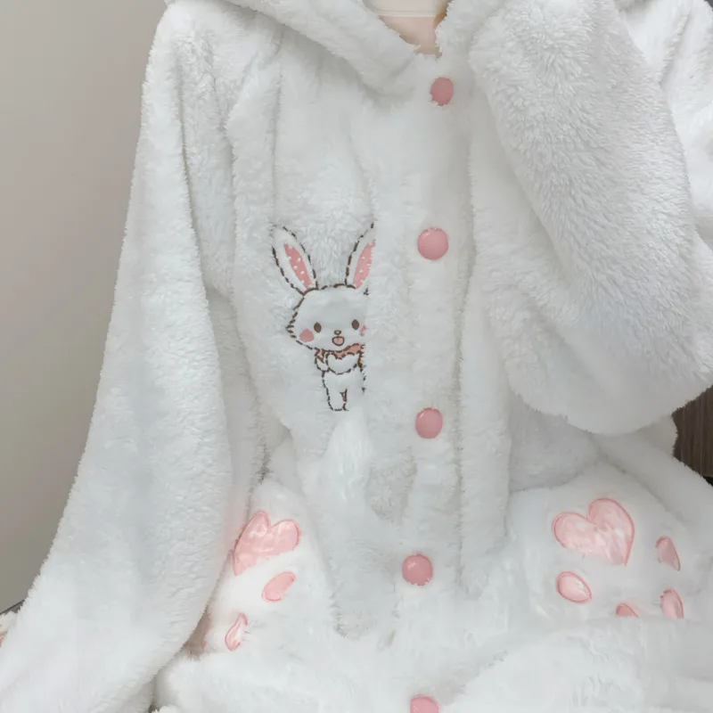 3D Ugly Wishing Rabbit Pajama Women Winter Funny Ins Cat Claw Coral Velvet With Thick Plush Cute Rabbit Long Robe Pajama Set New
