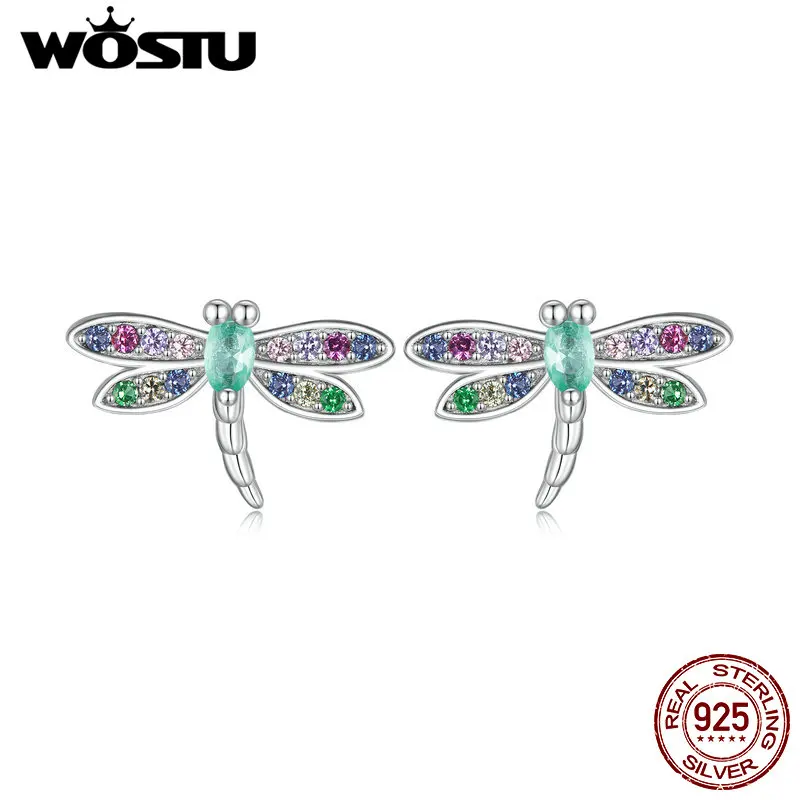 WOSTU 925 Sterling Silver Rainbow CZ Dragonfly Butterfly Stud Earrings Cute Insect Ear Studs Girls Daughter Birthday Party Gift