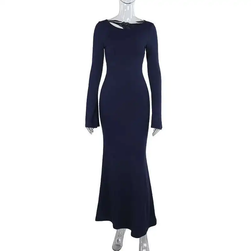 BabYoung rückenfrei schlank figurbetont sexy Frauen 2025, elegante Party-Ärmel, Maxi-langes Herbst-Winter-Kleid, Vestidos