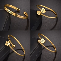 Acheerup Personalized Engrave Name Bangles for Women Men Stainless Steel Customized Letter Open Size Bracelet Heart Jewelry Gift
