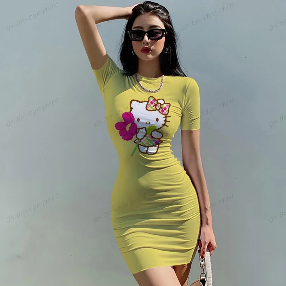 Fashion Stretch Mini Dress Women Sexy Straps Slim Fit Bodycon Party Vestidos Hello Kitty Print Straps Dress Summer Sling Dreses