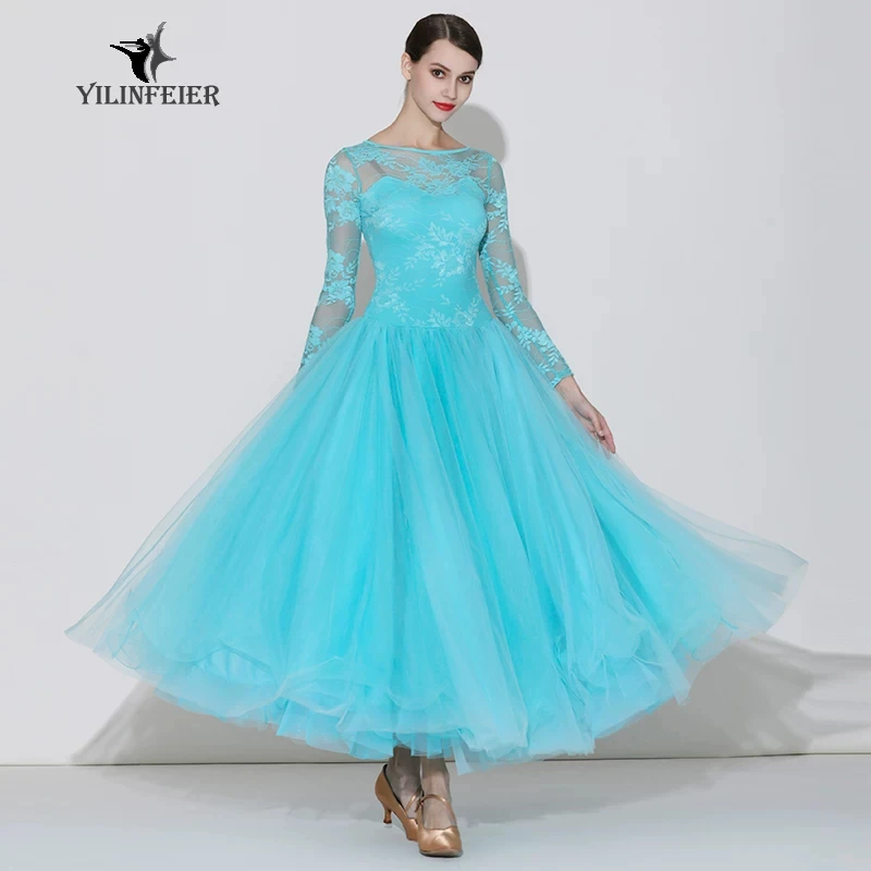 Off shoulder long sleeve long dance dress with floral lace pattern and big swing skirt,suitable for ballroom dance performance a