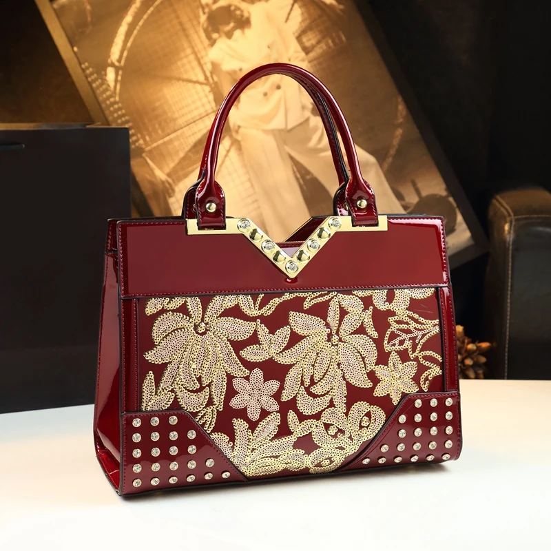 

Red Genuine Leather Women's Handbags Luxury Fashion Diamonds Bride Wedding Bag Mom Shoulder Messenger Tote Bags 2024 New