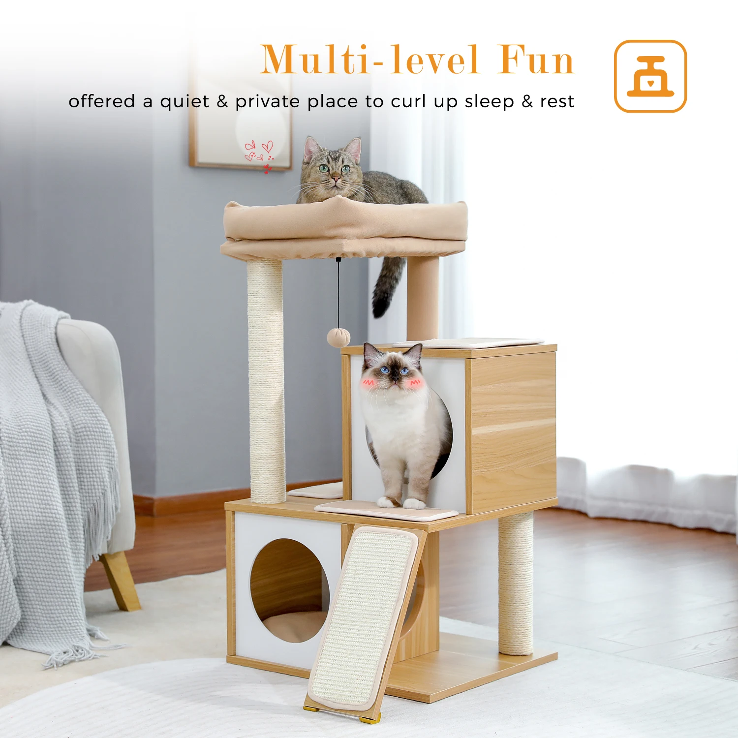 Modern 4-layer Cat Tree Tower, Indoor Large Condo House, Scratching Board, Ladder, Sisal Post, Climbing Kitten Activity Toys