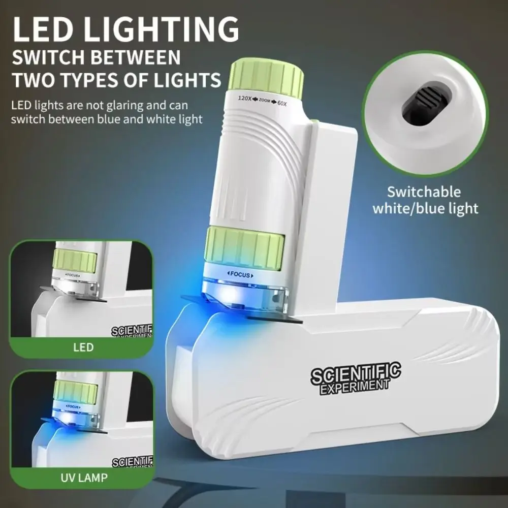 กล้องจุลทรรศน์พกพาแบบมือถือ 60x-120x พร้อมไฟ LED แบบถอดได้ กล้องจุลทรรศน์พกพาสำหรับเด็ก ฐานหมุนได้ พร้อมสายรัดข้อมือ