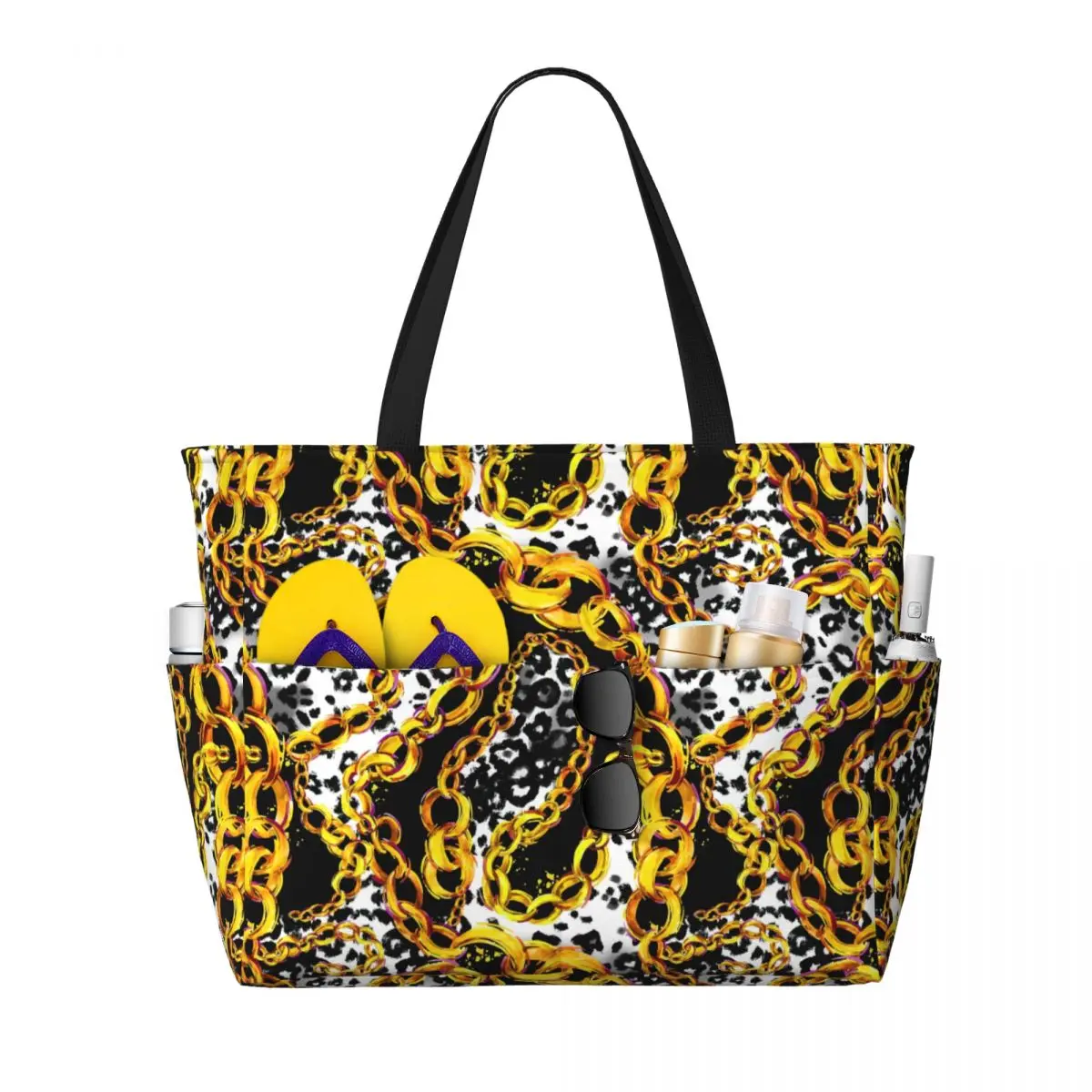 

Custom Gold Chains And Leopard Print Tote Bag Women Large Capacity Baroque Beach Gym Travel Bags