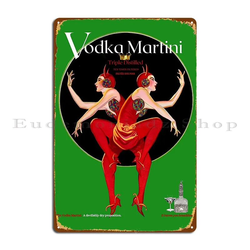 Devilishly Dry Vodka Martini Emerald Green Variation Devil Pitchfork Metal Sign Poster Retro Design Personalized Tin Sign Poster