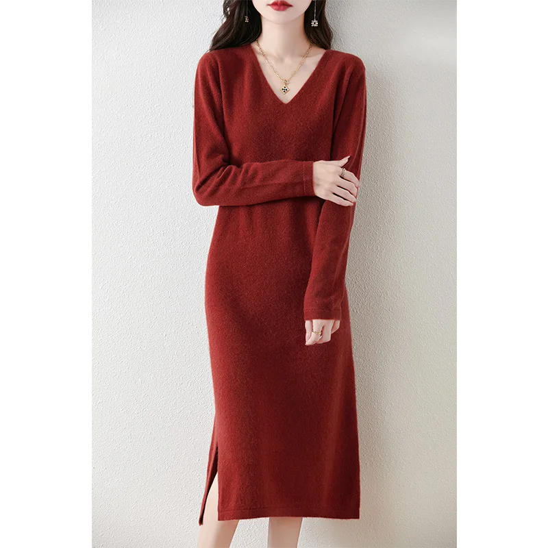 

V-Neck Slit 100% Wool Wool Women's Autumn Winter Loose Fashion Solid Color Long Sleeved Elegant Pullover Knitted Dress