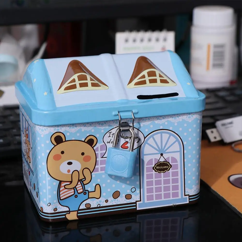 Metal House Shape Piggy Bank Cute with Key Lock House Coin Box Creative Coin Safe Storage Box Christmas Gift