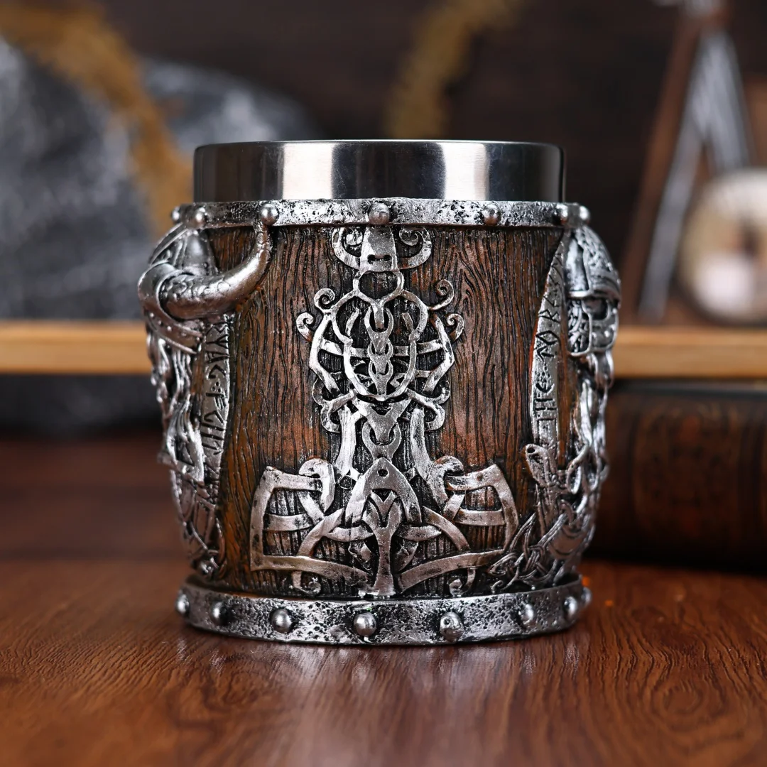 Valhalla Viking Stainless Steel Nordic Viking Barrel Dragon Boat Warrior Horn Skull Beer Mug Tankard Stein Cup 400 ml - view 4