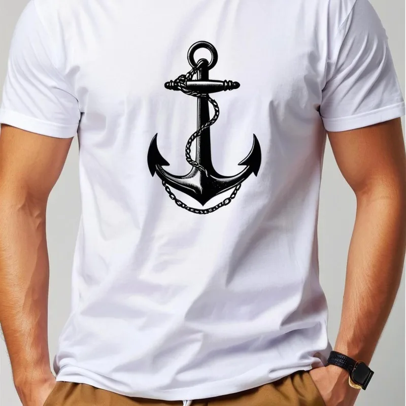 

Navigation Anchor Print Patterns Cotton T-shirt Round Neck Short Sleeved T-shirt Short Sleeve Loose and Casual and Breathable