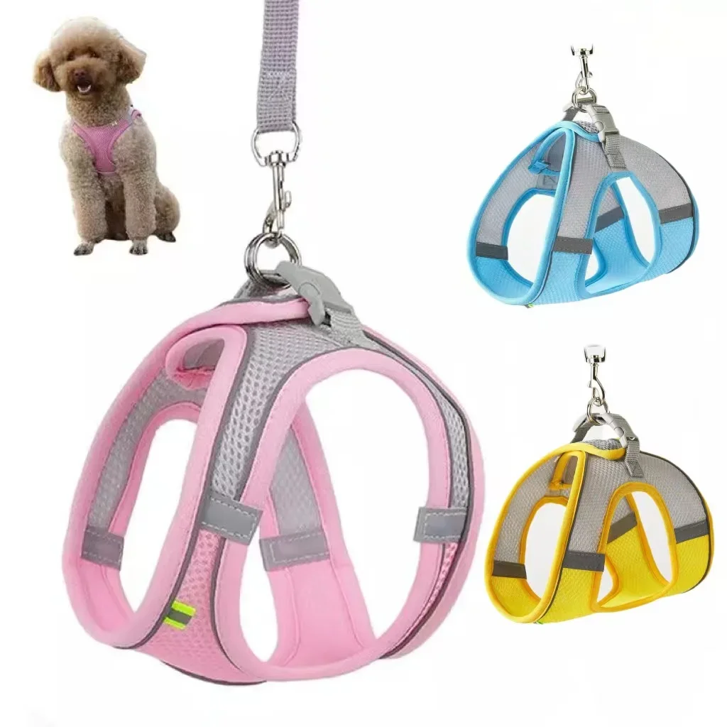 ﻿ Conjunto de correa con arnés para cachorros y gatos, chaleco transpirable ajustable para mascotas para perros pequeños, gatos, Bulldog Francés, Chihuahua, correa para caminar