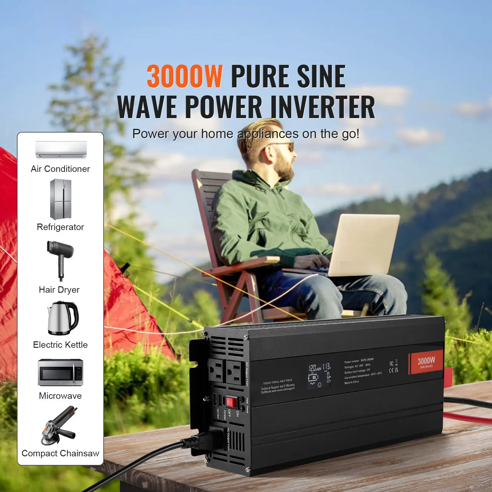 Pure Sine Wave Inverter, 3000 Watt, DC 12V to AC 120V Power Inverter with 2 AC Outlets 2 USB Port 1 Type-C Port, LCD Display and