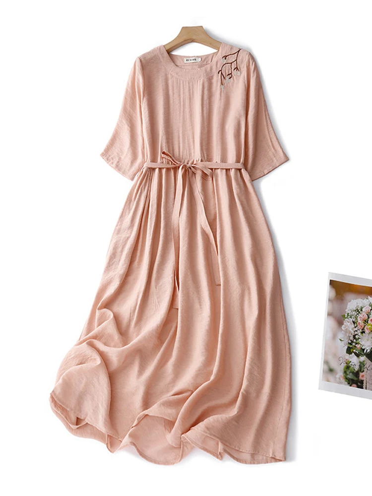 

French Style Vintage Literary Embroidery Sundress 2024 New Summer High Waist Large Swing Midi Dress Boho Beach Dress Vestidos