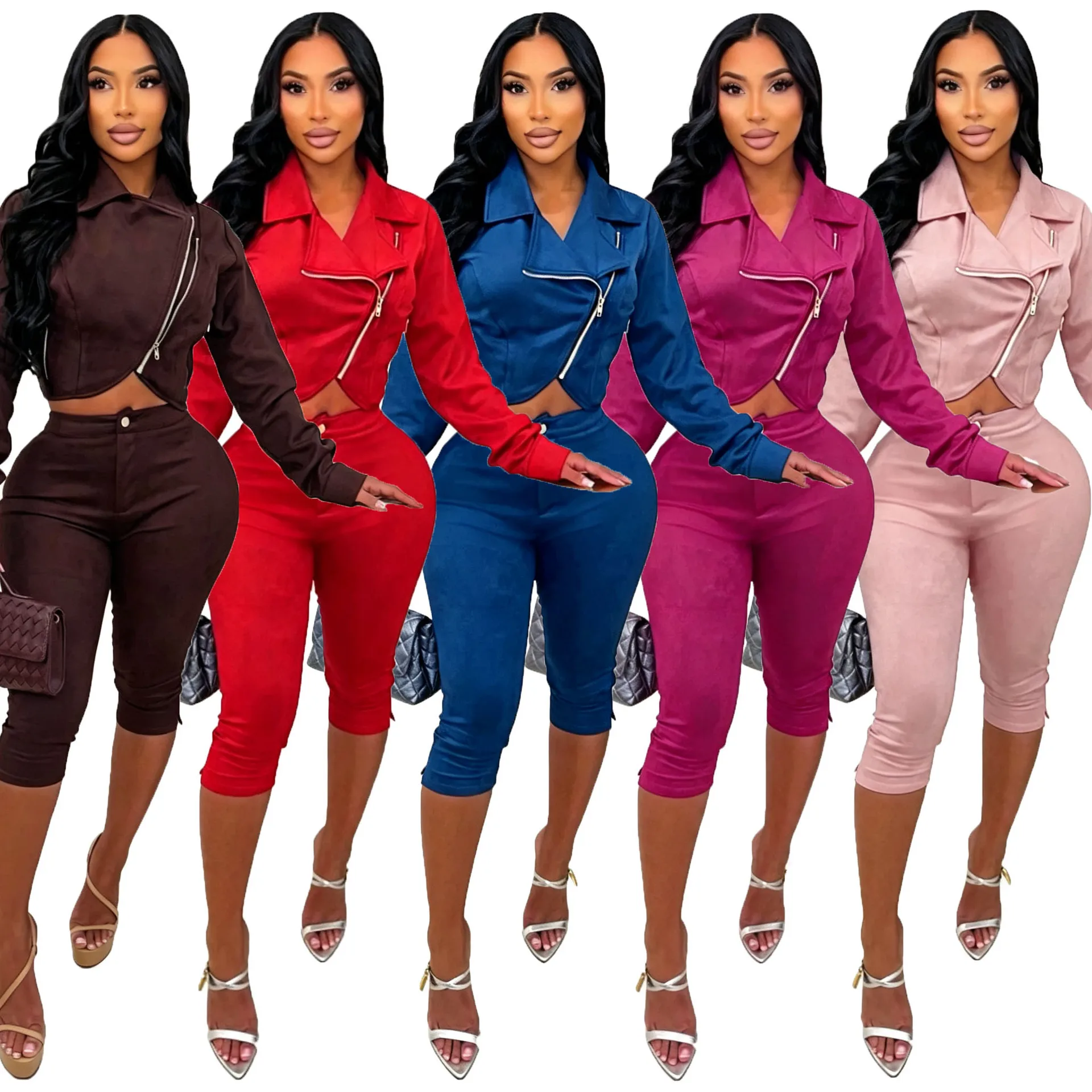 EINY Conjunto elegante de dos piezas para mujer, chaqueta de ante, pantalones cortos elásticos, moda de otoño e invierno, conjuntos de chaquetas con cremallera y solapa para fiesta, estilo y2k