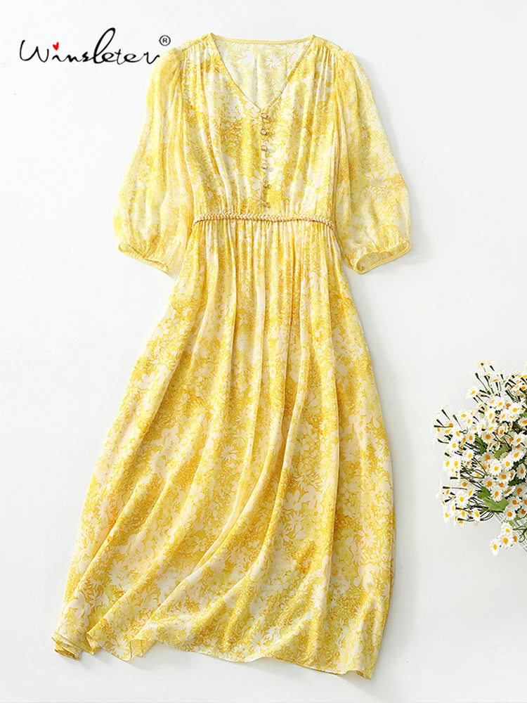 

Winsleter — женское элегантное платье из 100% натурального шелка, V-образный вырез, рукав 3/4, принт, французские темпераментные платья в стиле ретро, лето 2023 D56746CC