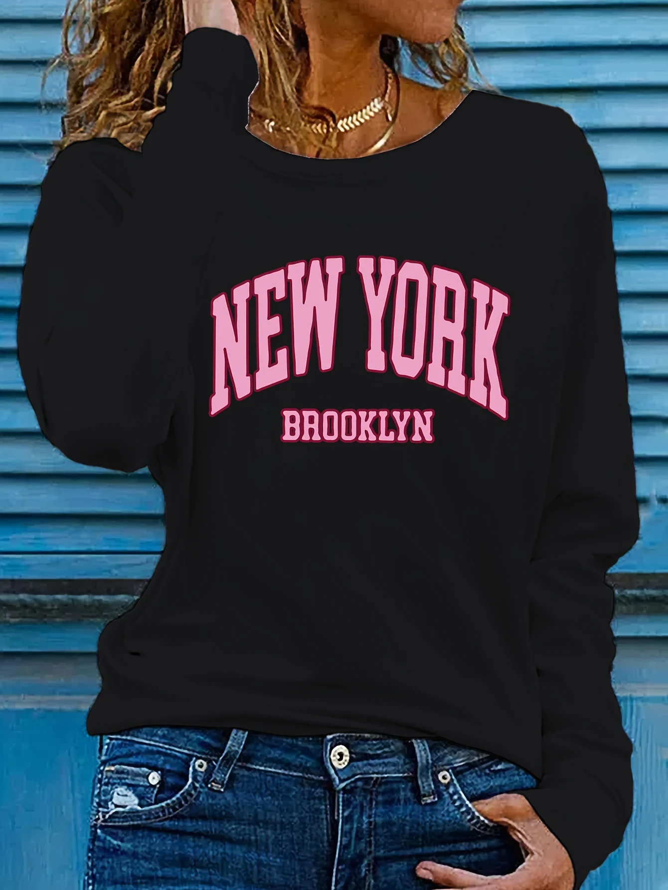 تي شيرت نسائي للخريف والشتاء 100% من القطن الخالص كاجوال عصرية من بروكلين نيويورك مطبوع فضفاض برقبة دائرية وأكمام طويلة #3