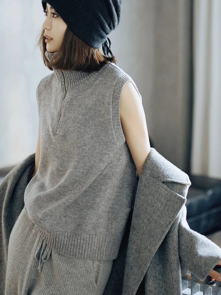 

Повседневный морской воротник с высоким воротником на молнии, вязаный жилет, осенний многослойный утягивающий топ без рукавов, женский Faion Sle