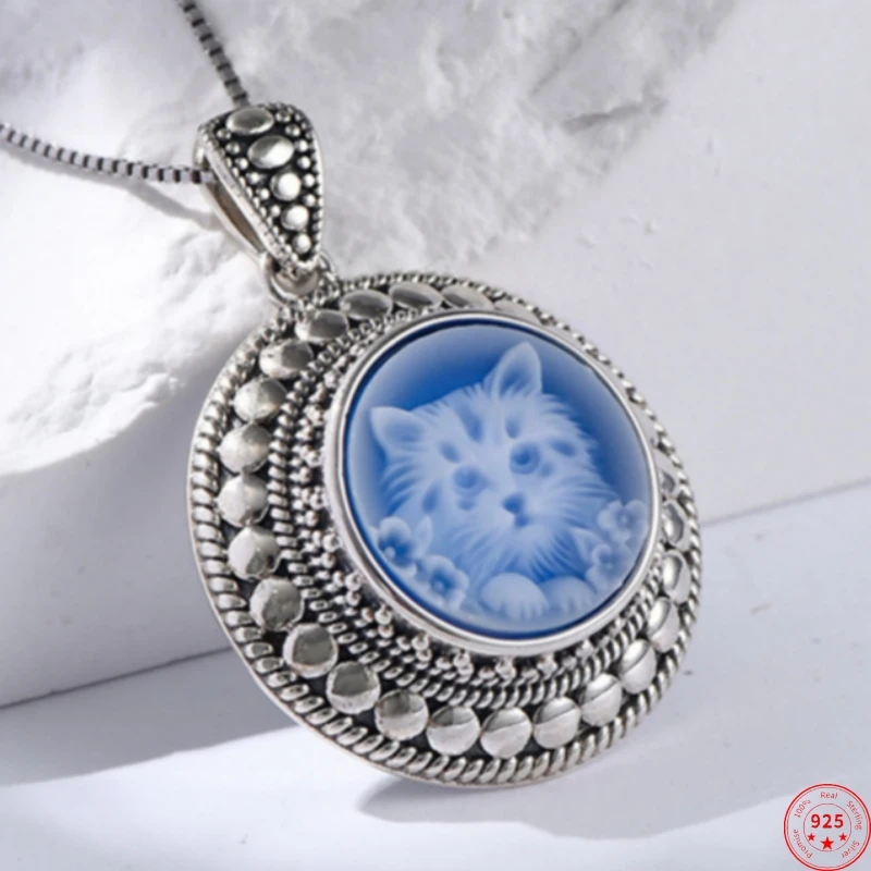 

S925 Sterling Silver Pendants for Women Men New Fashion Inlaid Blue Agate Cute Cartoon Cat Classic Jewelry Free Shipping