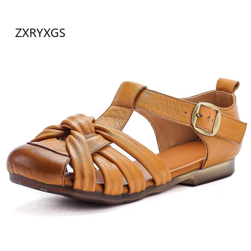 

ZXRYXGS Promotion Soft Cowhide Plus Size Sandals 2026 New Summer Round Toe Real Lether Woven Hollow Women Fashion Sandals Flats