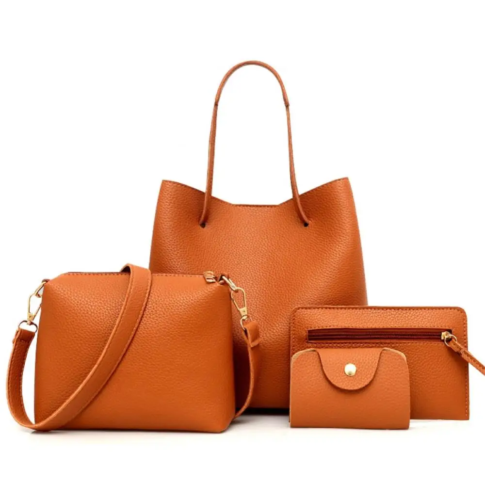 4Pcs Women Fashion Solid Color Soft Faux Leather Shoulder Bag Handbag Purse Set