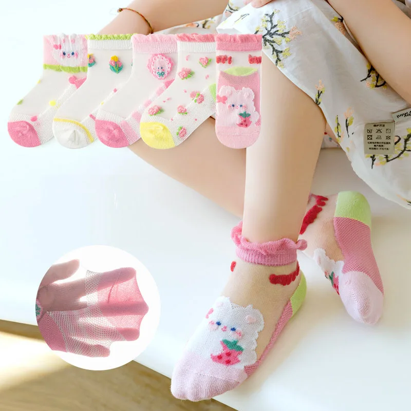 5 Pairs/Lot Summer Children Cotton Socks Boy Girl Baby Fashion Mesh Cartoon For 2023 Spring New 1-12 Year Student Kids Teen Sock