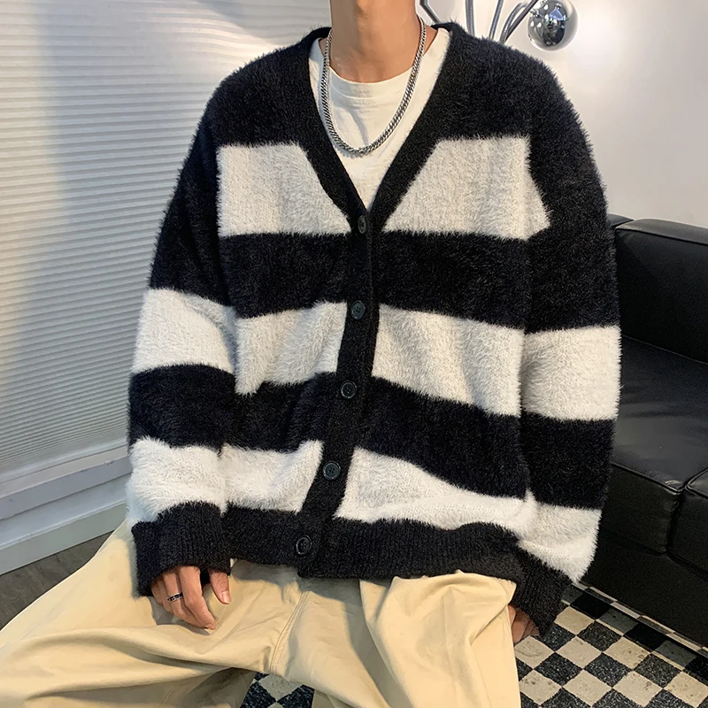 

2023 New Fashion Men's Knitted Sweater Coat Long Sleeve Cardigan Stripe Male Causal Plus Size Cardigans Clothing for Autumn G90