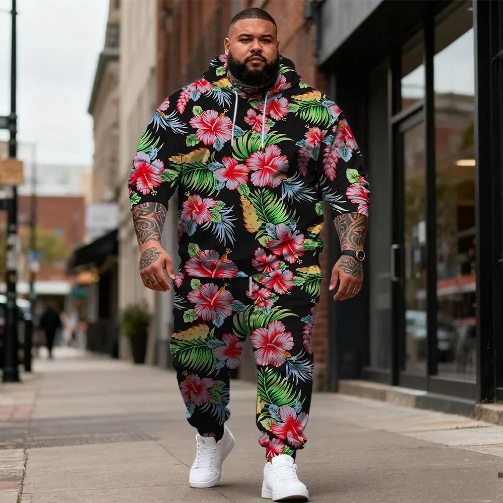 Men's Plus Size 2 Piece Tropical Print Pullover Hoodie and Jogger Pants Set, Allover Colorful Flowers and Palm Leaves, S-9XL