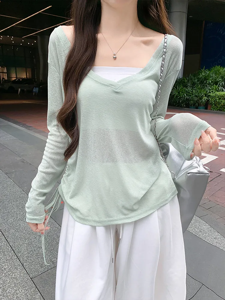 White V-Neck Long Sleeve T-Shirt Thin Micro Transparent Sunscreen Blouse Pullover Top Outerwears Clothing Vintage Tees