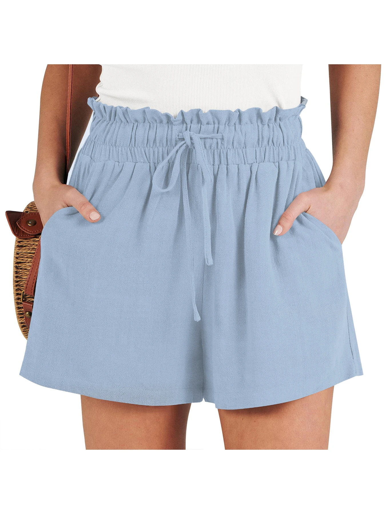 Damen-Shorts, atmungsaktiv, Kordelzug, elastische Taille, leicht, einfarbig, lässig, Business-Stil, modische Leinen-Shorts – Detail 2