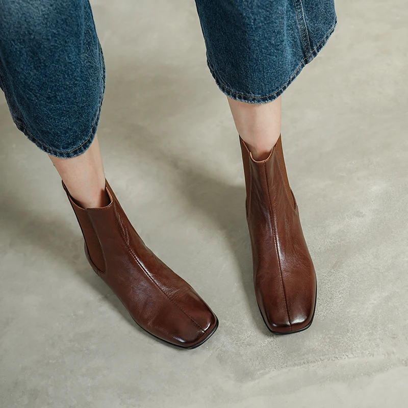 2027 New Autumn Women Boots Genuine Leather Women Shoes Square Toe Shoes Retro Slip-on Ladies Shoes Modern Boots Western