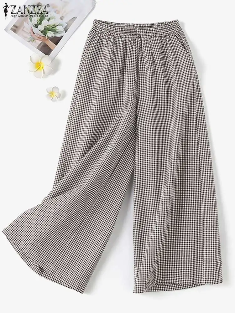 Vintage Checked Pants ZANZEA Women Stylish Wide Leg Pant Elegant High Waist Office Trousers Casual Loose Grid Pantalon Oversize