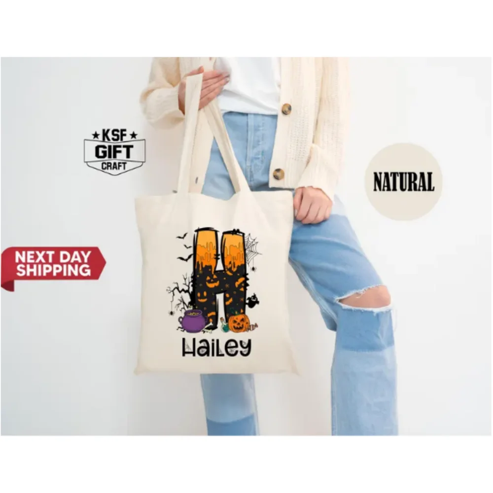 حقيبة حمل مخصصة للهالوين، حقيبة حمل بحروف الهالوين، حقيبة حمل للهالوين للأطفال، حقيبة حمل تحمل اسم مخصص، حقيبة حمل شبح