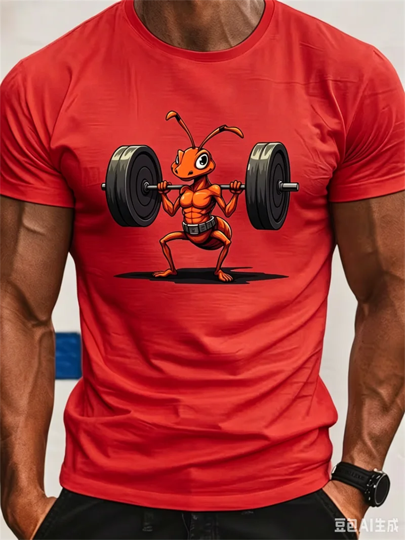 Funny Strong Ant Weightlifting printing Men's T-shirt Fashionable Summer Breathable Daily Fitness Running Shirt Men's Clothing