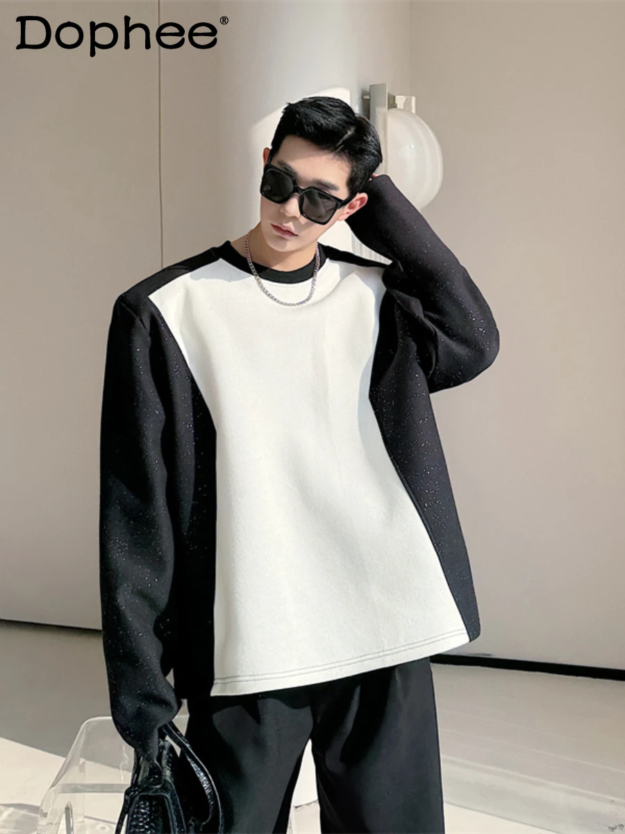 Spring Black White Contrast Color Shiny Sweatshirts Youth Men's Fashion High-End Long Sleeve Jackets Trendy Men Clothing