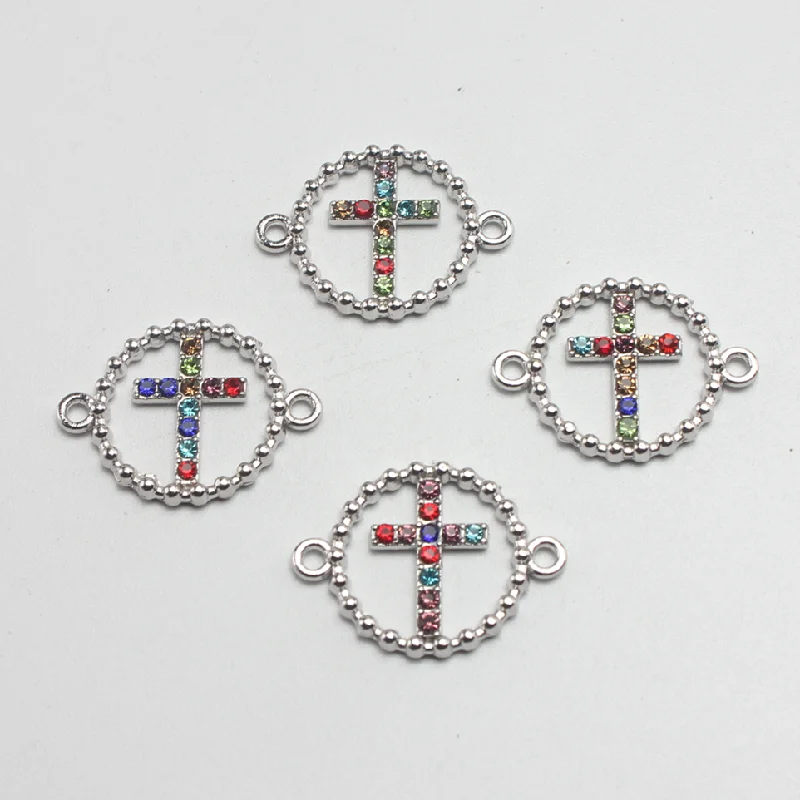 10pcs Color Rhinestones Christian Circle Crosses Alloy Connectors DIY Charms Bracelet Earrings Jewelry Crafts Metal Accessories