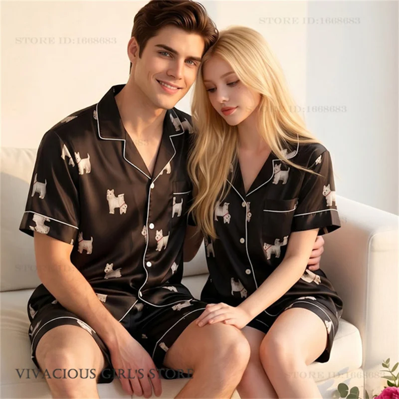 

Couple Pajamas Women's Summer Thin Ice Silk Short Sleeved Shorts Pijamas Suit Print Cartoon Dog Sleepwear Loungewear Loose Pjs