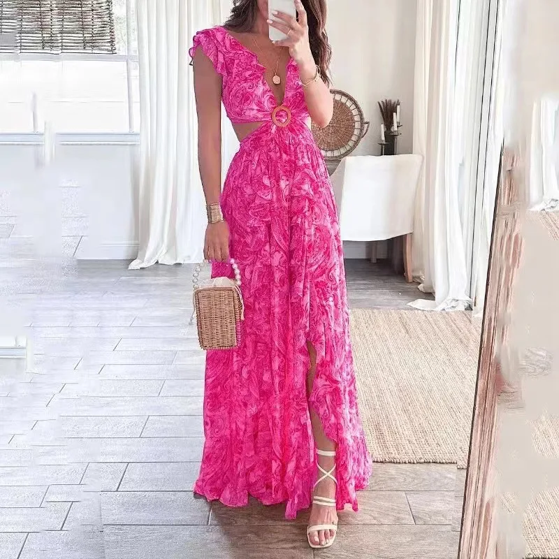 Women Summer Dresses Lace Up Floral Folds V-neck Sleeveless Party Prom Dress High Waist Casual Streetwear Elegant Vestidos