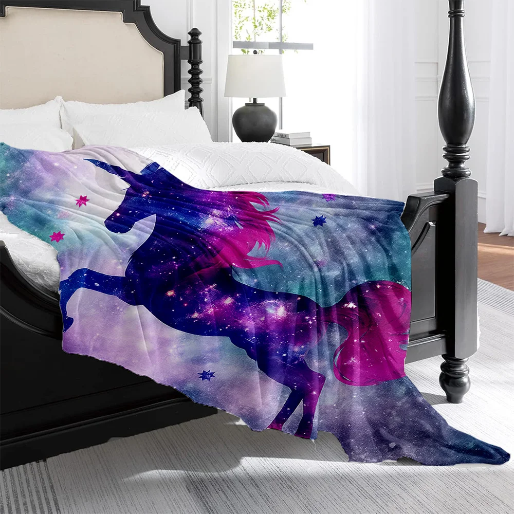 1pc, Dreamy Starry Sky Unicorn Printed Flannel Blanket, High Weight Flannel Blanket, Skin-Friendly Warm Blanket | a Must-Have