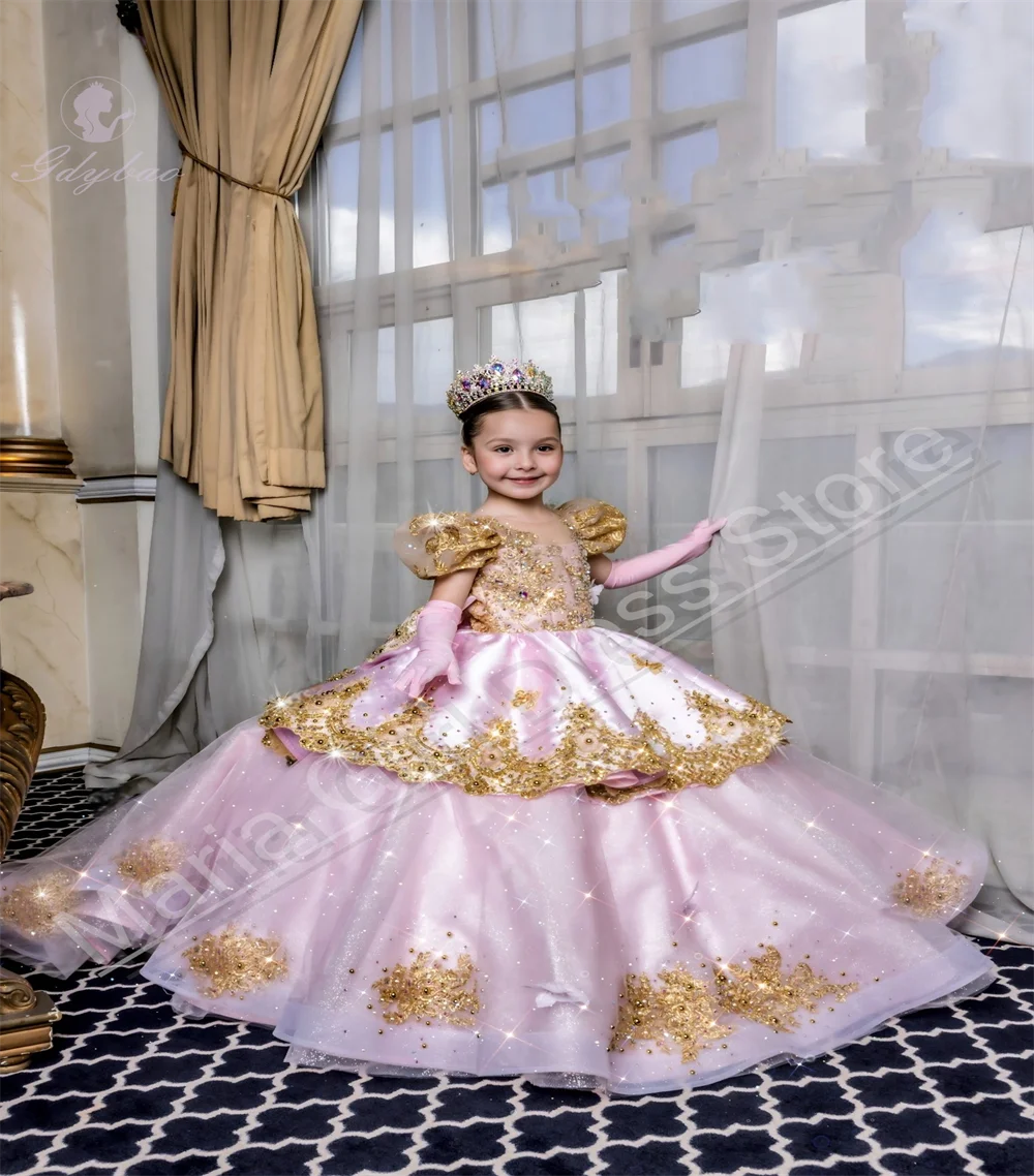 

Pink Flower Girl Dress Golden Lace Applique Bubble Short Sleeve Elegant Wedding Children's Birthday Party Clothing